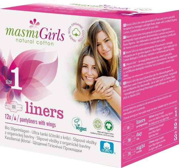 Masmi GIRLS Wkładki Higieniczne ,100% Bawełny Organicznej 12szt