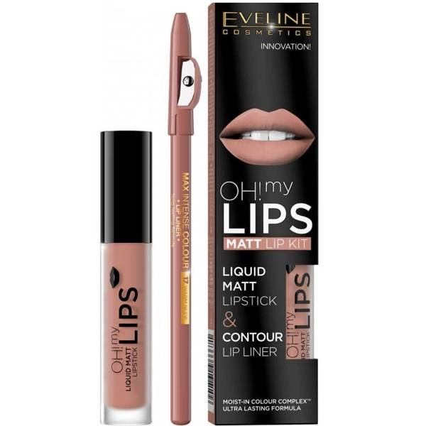 EVELINE Oh My Lips Liquid Matt Lipstick&amp;Contour Lip Liner Matowa Pomadka I Konturówka 4,5ml+1szt. 01 Neutral Nude